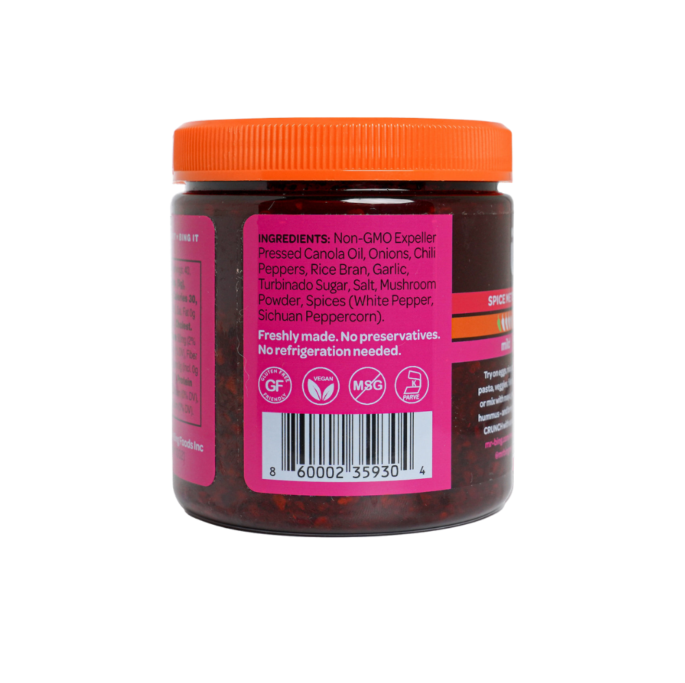 Jar of Mr Bing Chili Crisp 7 oz with spicy red chili oil and crispy bits, perfect for adding heat to dishes.