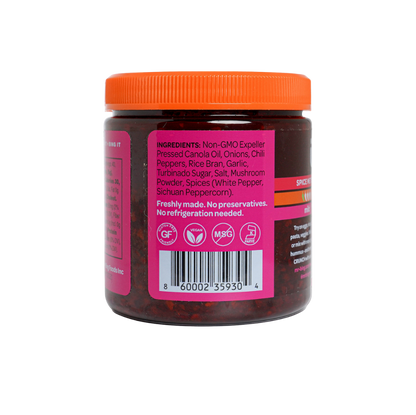 Jar of Mr Bing Chili Crisp 7 oz with spicy red chili oil and crispy bits, perfect for adding heat to dishes.