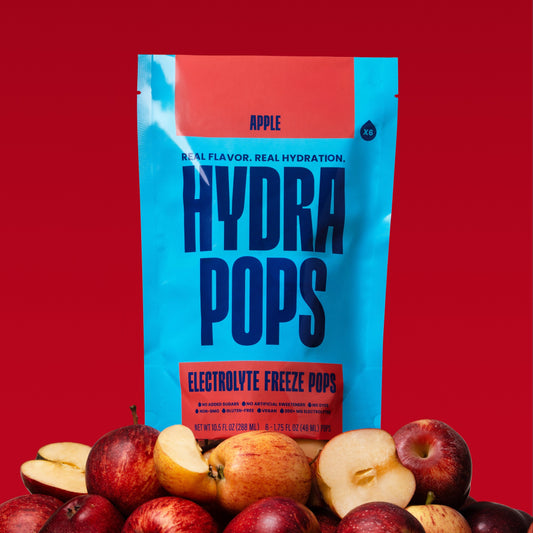 Hydra Hydration Hydra Pops Apple flavored hydration ice pops in a clear package, ready to refresh on a hot day