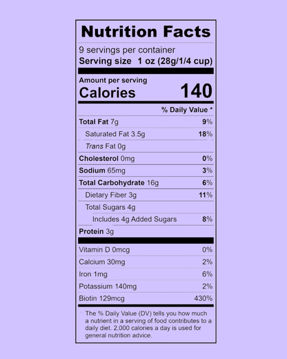 LÜME Lavender Vanilla Granola in a packaged bag with lavender and vanilla flavoring visually represented