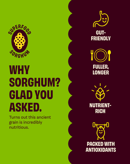 Cob Foods Mediterranean Herb Popped Sorghum, flavorful snack with herbs, in a clear bowl showing golden popped sorghum grains.
