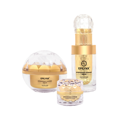 EpiLynx Sunrise Nourishing & Firming Set for Sensitive Skin, featuring face serums with radiant glow and hydrating properties.