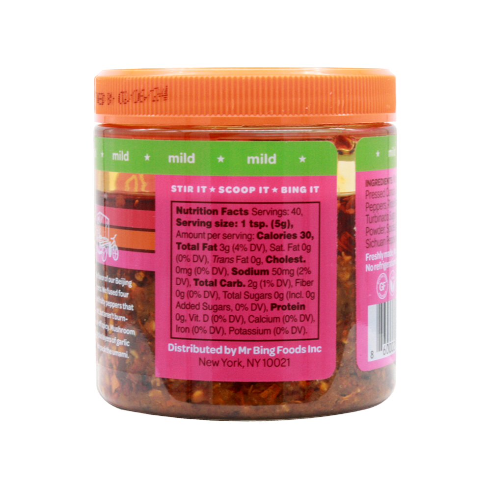 Two 7oz jars of Mr Bing Chili Crisp from Mr Bing Foods, showing the mild chili oil with crispy chili flakes and garlic.