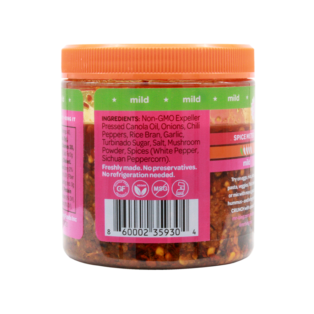 Two 7oz jars of Mr Bing Chili Crisp Mild from Mr Bing Foods, featuring colorful labels and the chili crisp spread inside.