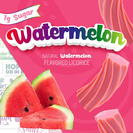 Wiley Wallaby Watermelon Licorice, soft chewy red and green watermelon-flavored licorice pieces on a white background