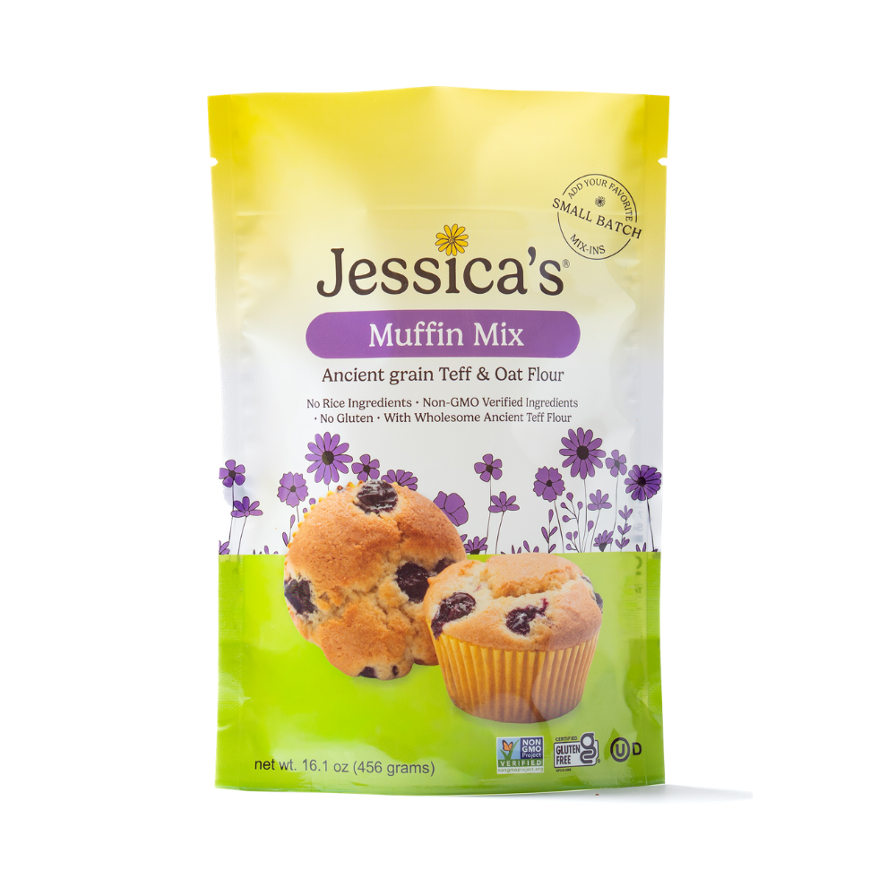 Jessica's Natural Foods chocolate chip cookie mix in a bag with prepared cookies on a baking tray.