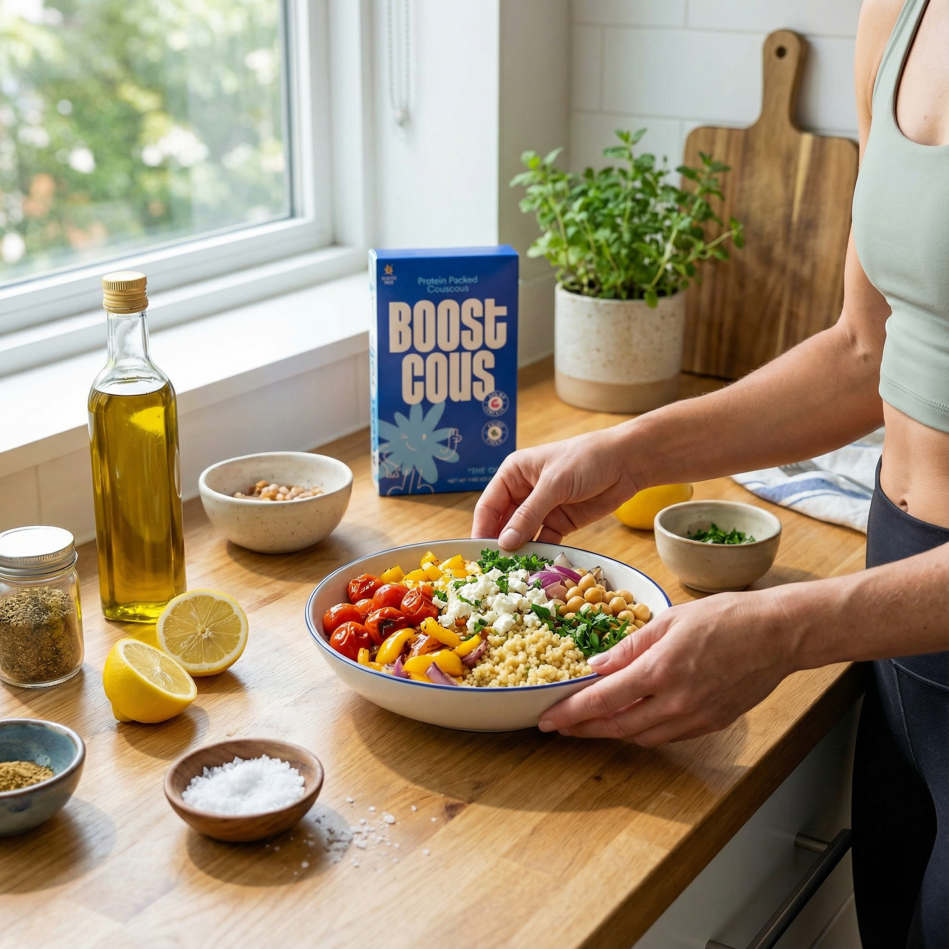 Boostcous The OG Protein Packed Couscous in a bowl, showcasing a nutritious, protein-rich couscous meal with vibrant ingredients.