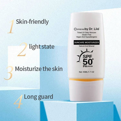 EpiLynx SPF 50 mineral moisturizer bottle with pump, hydrating vegan suncare for sensitive skin, creamy texture, and gentle formula.