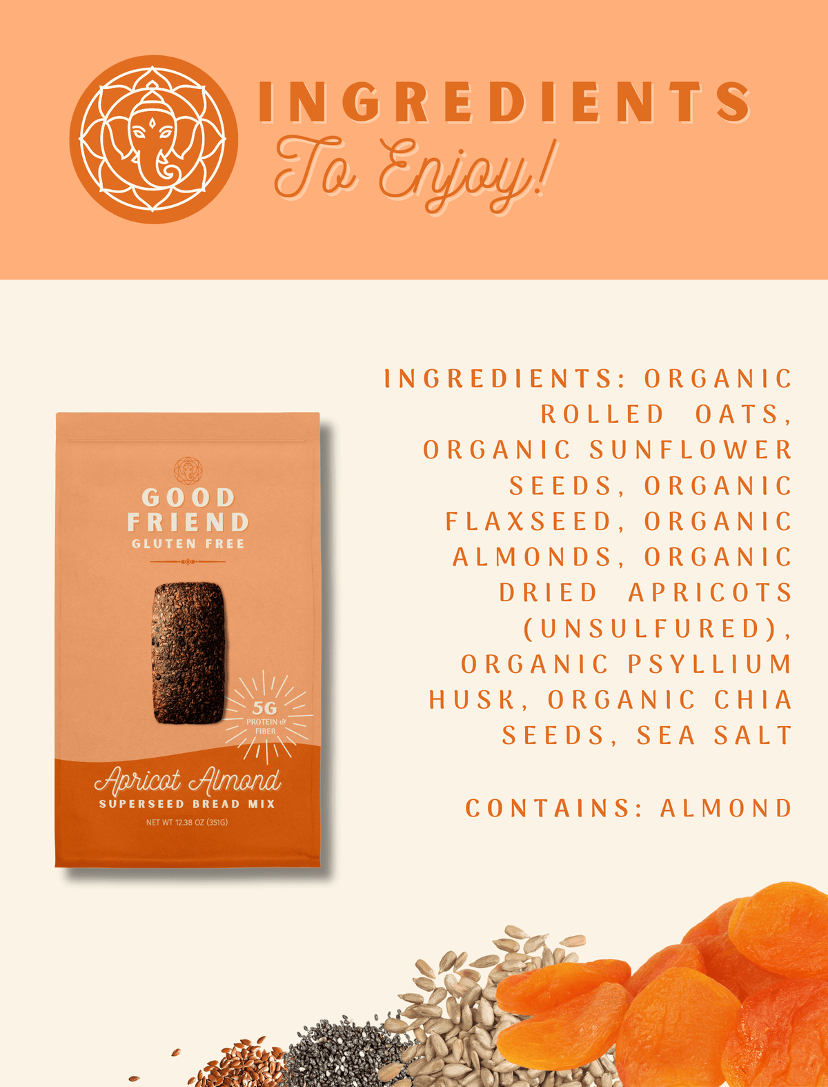 Good Friend Apricot Almond bread mix 4-pack with baking mix ingredients, 12.38 oz packages