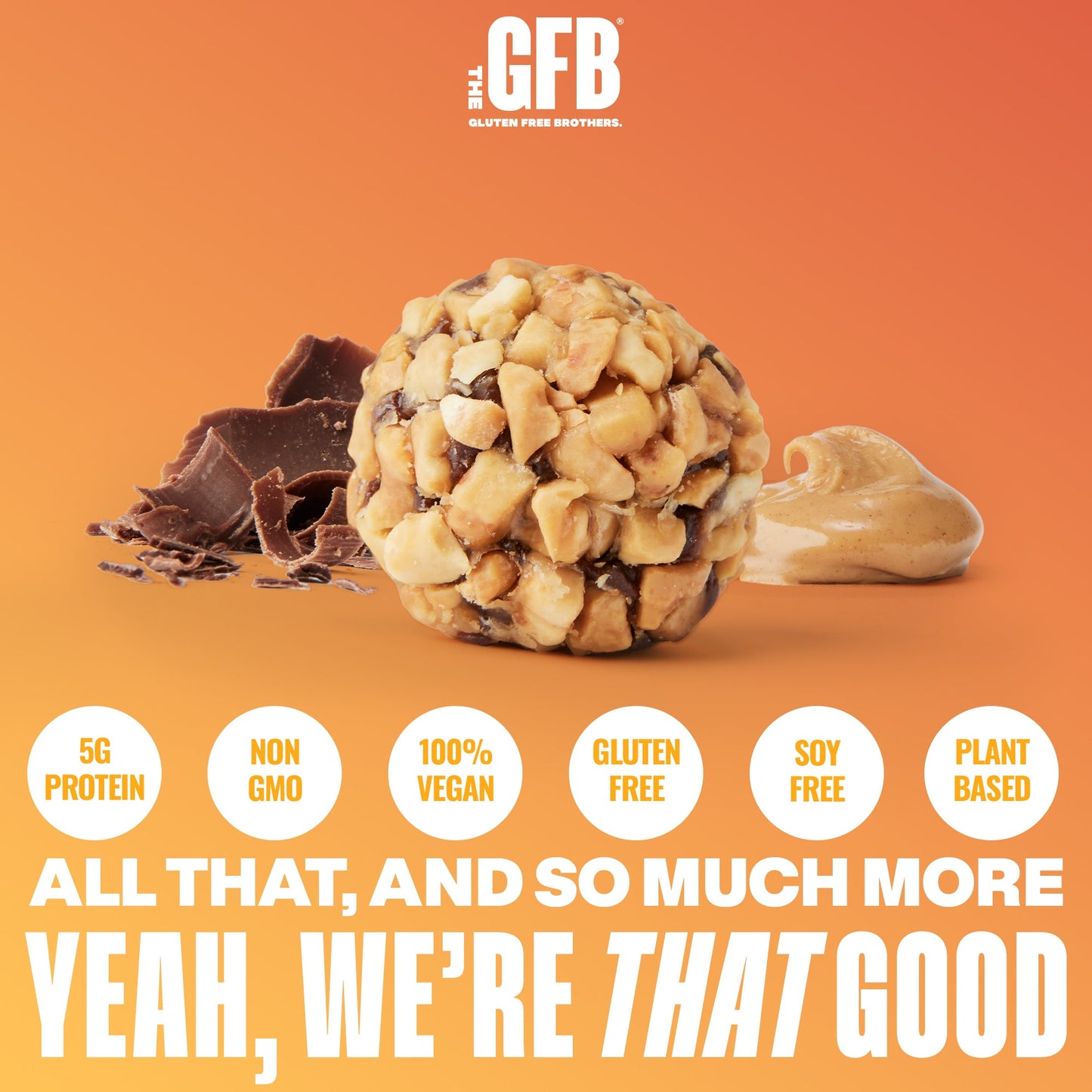 The GFB Dark Chocolate Peanut Butter Bites in a clear container, showing bite-sized peanut butter and dark chocolate snack pieces.