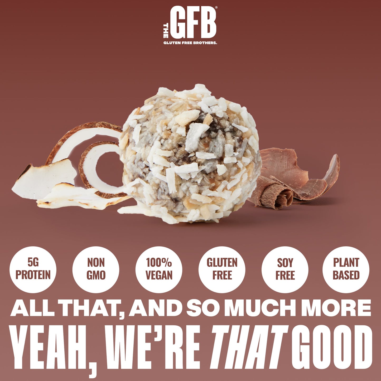 The GFB Dark Chocolate Coconut Bites, gluten-free GFB Bites with dark chocolate coating and shredded coconut, on a white background.