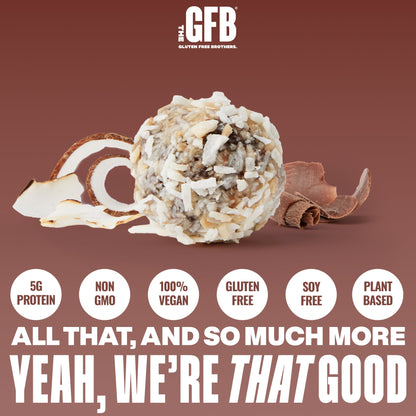The GFB Dark Chocolate Coconut Bites, gluten-free GFB Bites with dark chocolate coating and shredded coconut, on a white background.