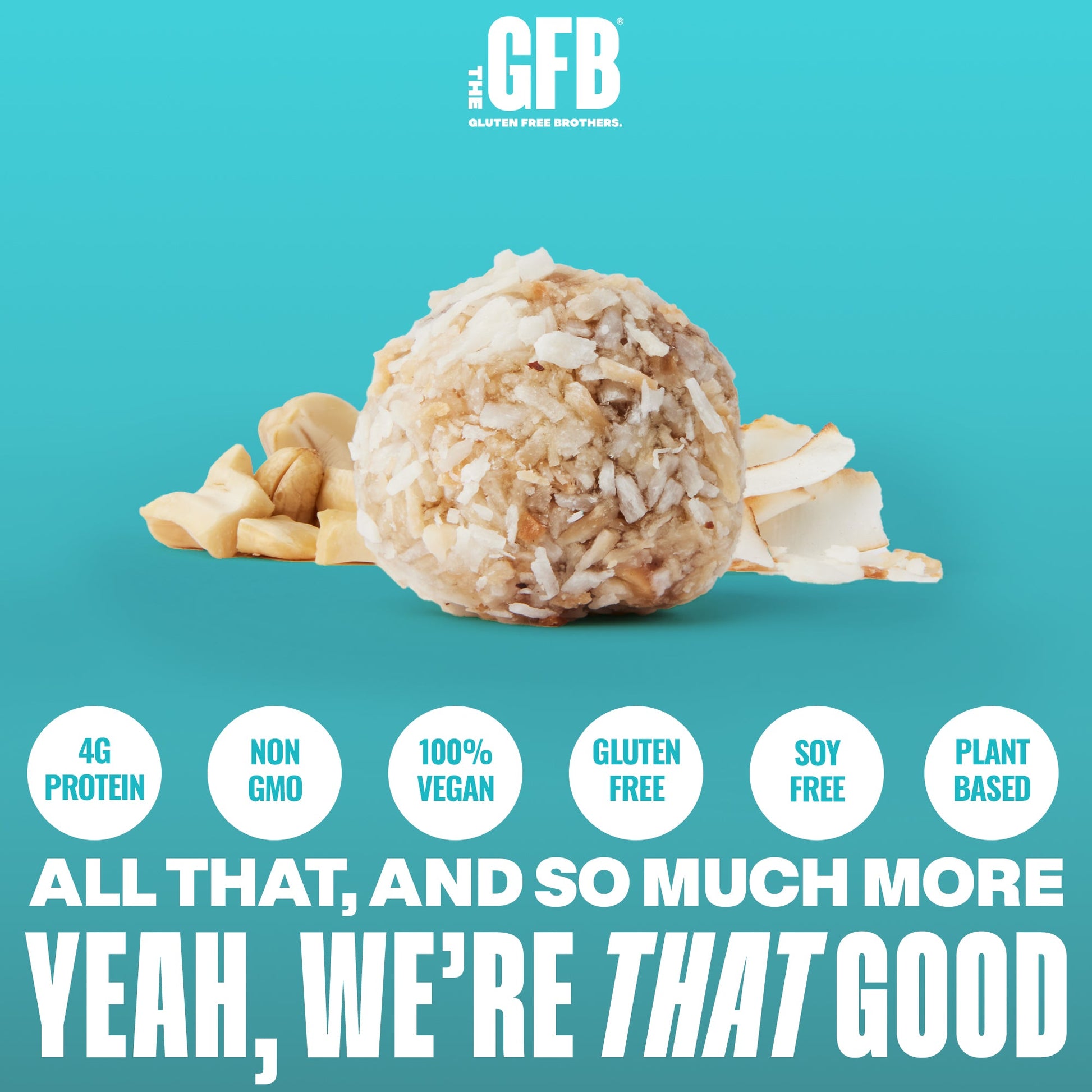 GFB Coconut Cashew Bites snack pack with gluten-free GFB Bites branding and colorful packaging.