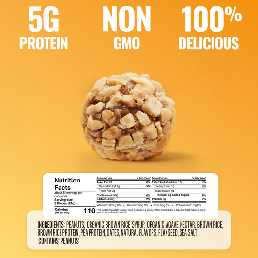 The GFB Peanut Butter Bites, gluten-free snack bites with peanut butter filling, displayed in a clear container