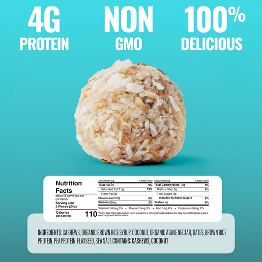 The GFB Coconut Cashew Bites in a clear container showing golden coconut and cashew snack bites inside.
