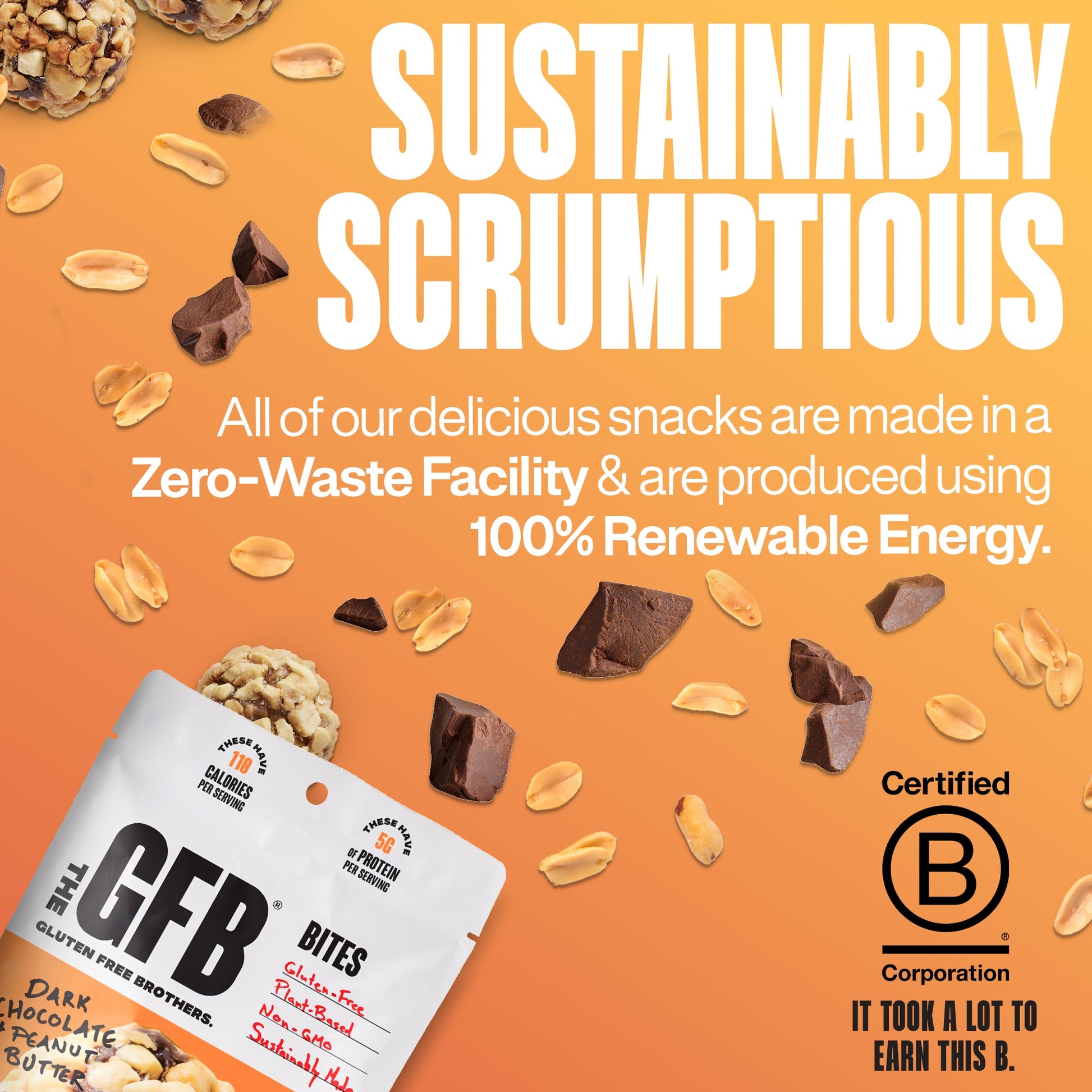 GFB Dark Chocolate Peanut Butter Bites in a clear plastic container with bite-sized dark chocolate and peanut butter snacks visible inside.