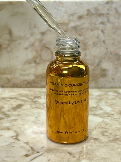 EpiLynx Brightening Vitamin C Glow Serum for sensitive, dry skin in a clear glass bottle with a pump dispenser, showing the product label.