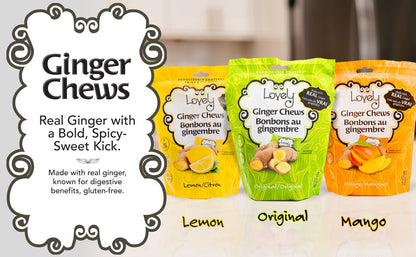 Lovely Candy Company ginger chews from the Candy Ginger Essentials Box, showing individually wrapped ginger candies.