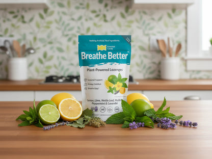 Essential Candy Breathe Better™ herbal lozenges with botanical ingredients, displayed on a kitchen counter.