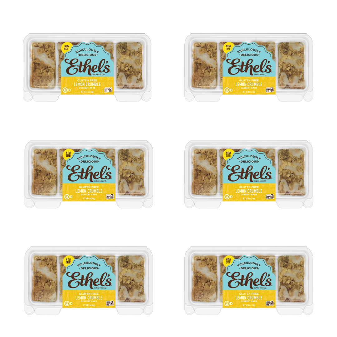 Ethel's Lemon Crumble Bar from Ethels Baking Company, with a golden lemon crumble topping on a white plate.
