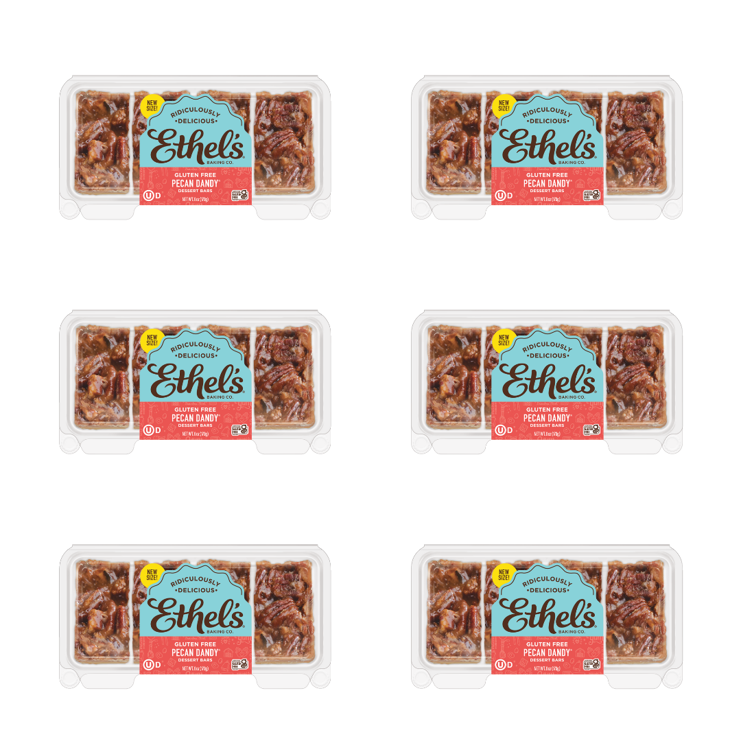 Ethel's Pecan Dandy Bar from Ethels Baking Company, a chocolate and pecan dessert bar with caramel and crunchy texture.