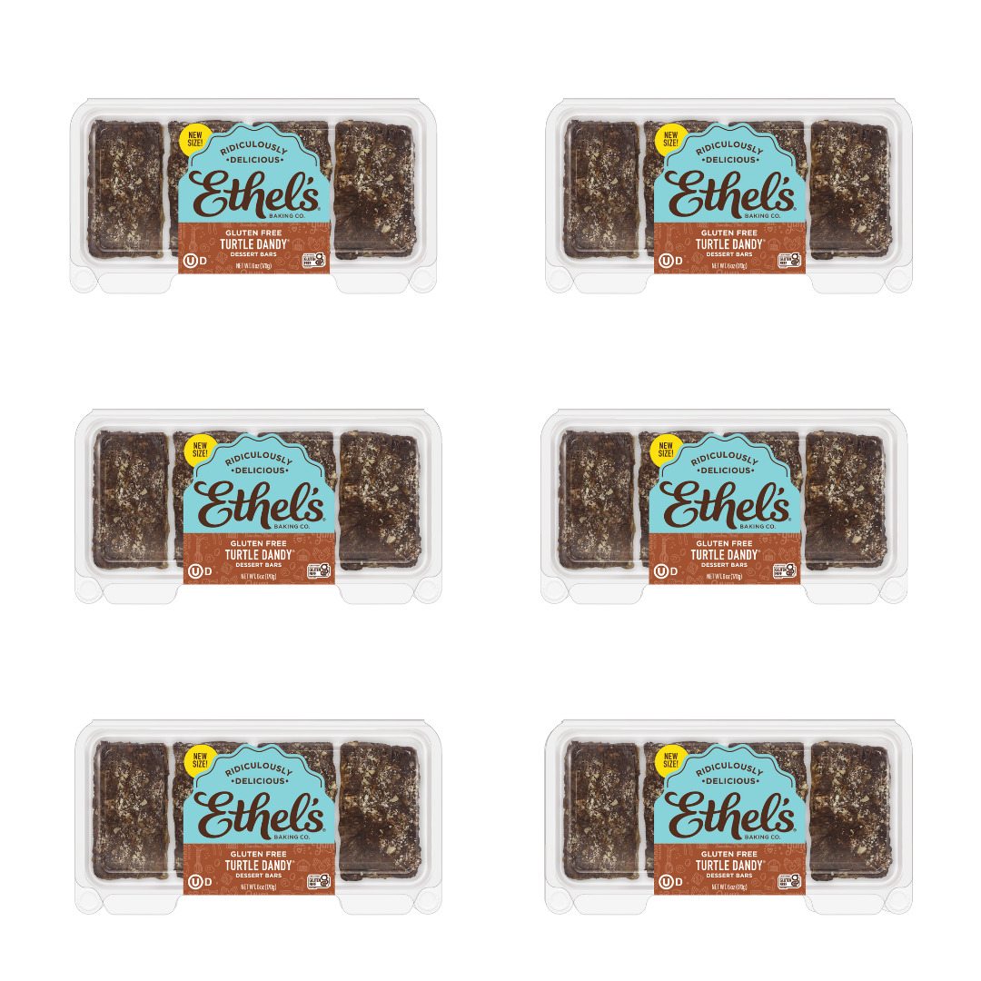 Ethel's Turtle Dandy Bar, a chocolate dessert bar with caramel and pecans from Ethel's Baking Company, displayed on a plate.