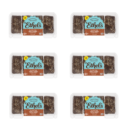 Ethel's Turtle Dandy Bar, a chocolate dessert bar with caramel and pecans from Ethel's Baking Company, displayed on a plate.