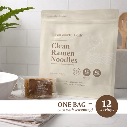 Clean Monday Meals ramen noodles in a bowl, showcasing the packaged product with fresh ingredients and steaming broth.