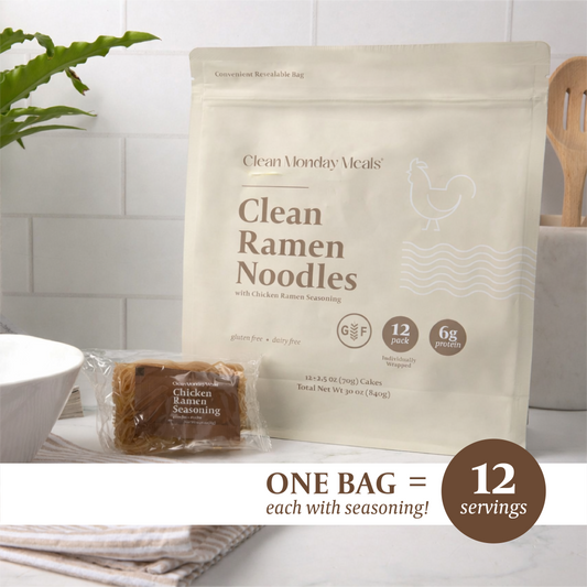 Clean Monday Meals ramen noodles in a bowl, showcasing the packaged product with fresh ingredients and steaming broth.