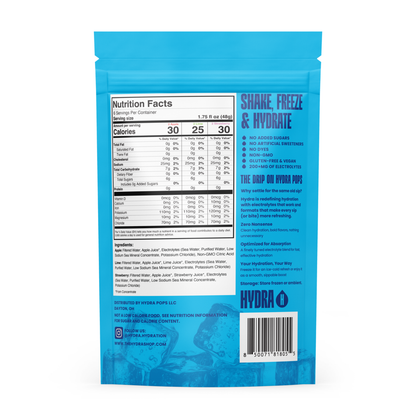 Hydra Hydration Hydra Pops variety pack featuring colorful frozen pops with fruit flavors in a resealable bag.