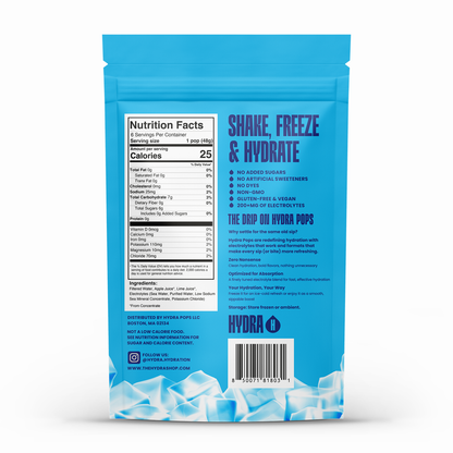 Back of Hydra Hydration Hydra Pops Lime flavor bag showing the lime-flavored frozen pops and branding details.