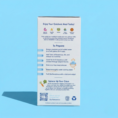 Back of Boostcous The OG Protein Packed Couscous box showing product details and nutritional information.