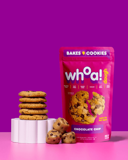 Ready-to-bake Whoa Dough Chocolate Chip cookie dough in a bakeable bag for convenient baking.