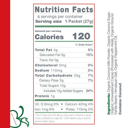 Bare Life dairy-free peppermint hot cocoa mix 5-pack with gluten-free, paleo-friendly hot chocolate powder and nutrition label.
