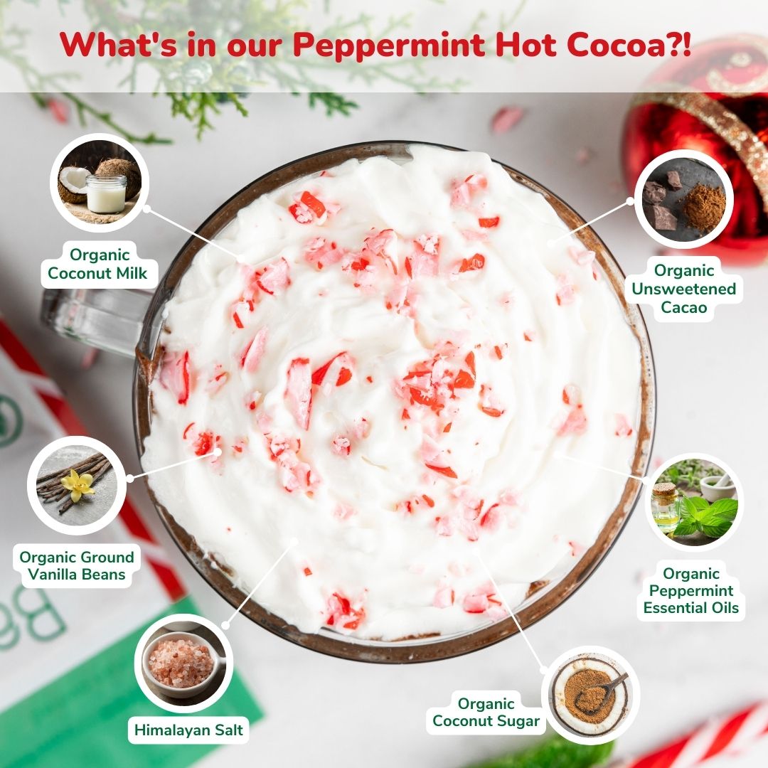 Bare Life dairy-free peppermint hot cocoa mix in a 5-pack, featuring ingredients and vibrant packaging with peppermint flavor.