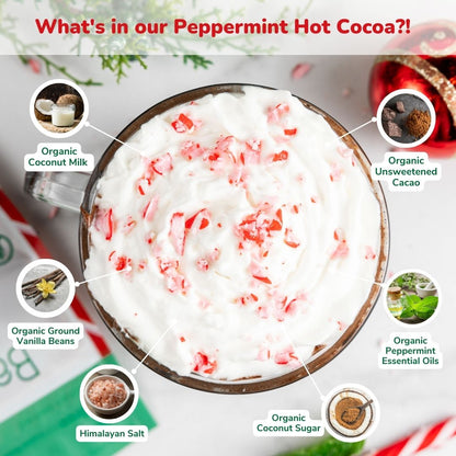 Bare Life dairy-free peppermint hot cocoa mix in a 5-pack, featuring ingredients and vibrant packaging with peppermint flavor.