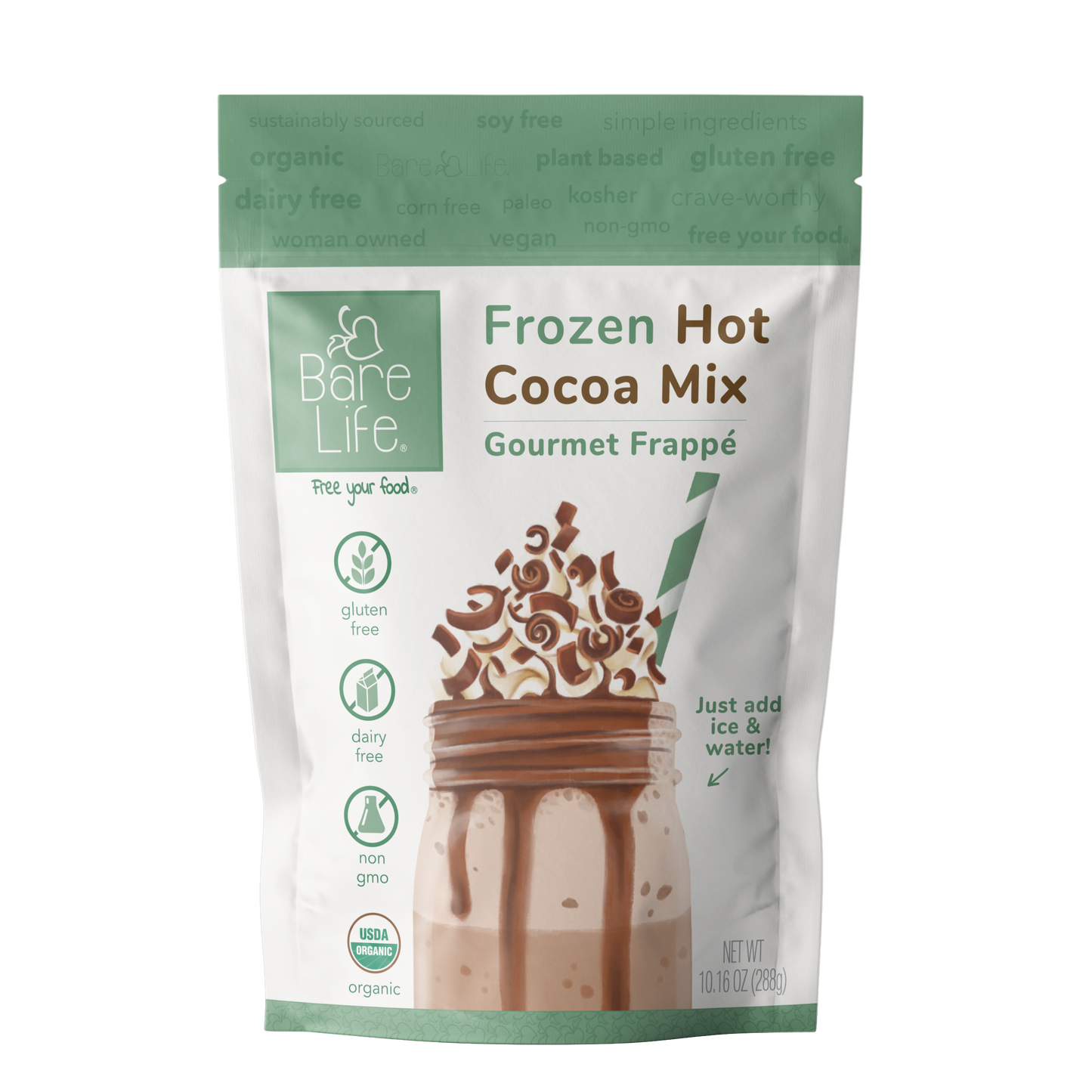 Bare Life dairy-free frozen hot cocoa mix in a glass, showing creamy, rich hot chocolate with a vegan, organic, gluten-free label.