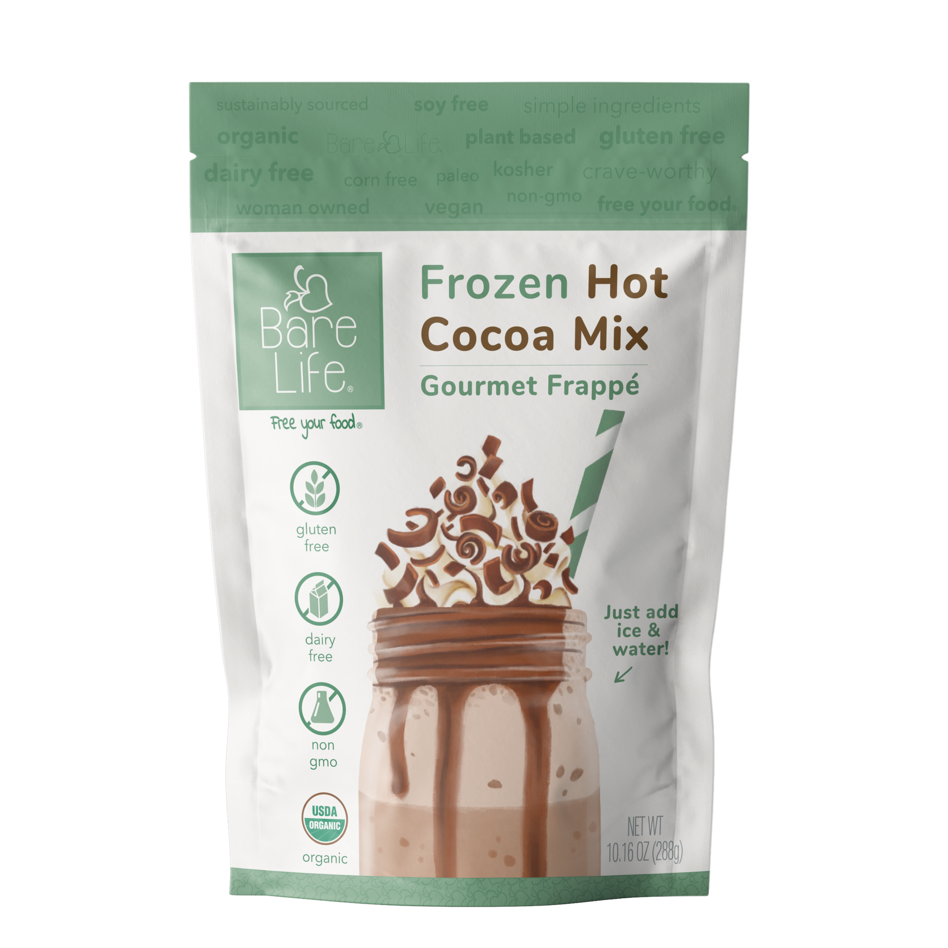 Bare Life dairy-free frozen hot cocoa mix in a glass, showing creamy, rich hot chocolate with a vegan, organic, gluten-free label.