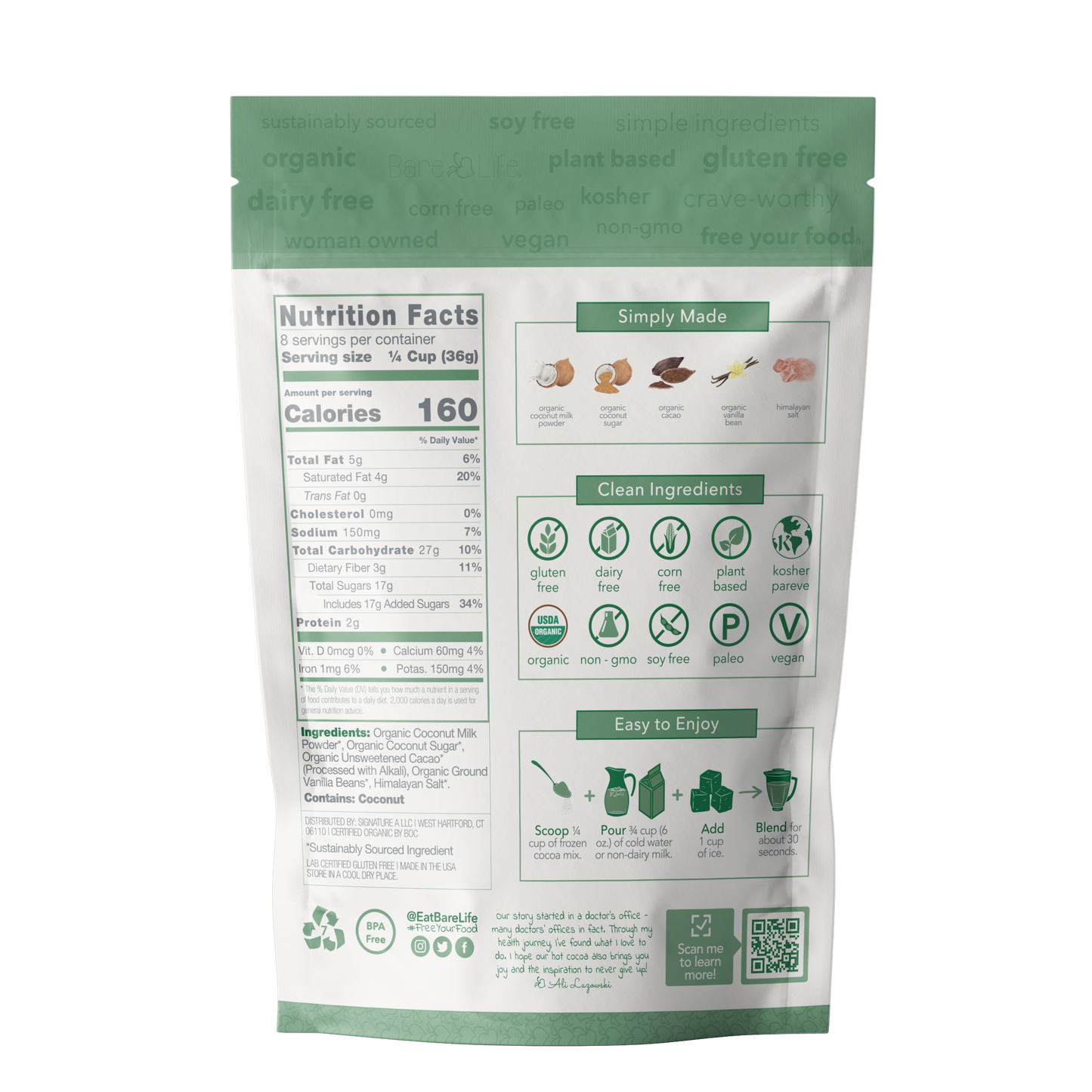 Dairy-free frozen hot cocoa mix by Bare Life in a cup, showcasing rich, creamy chocolate for a vegan, organic gourmet hot chocolate.