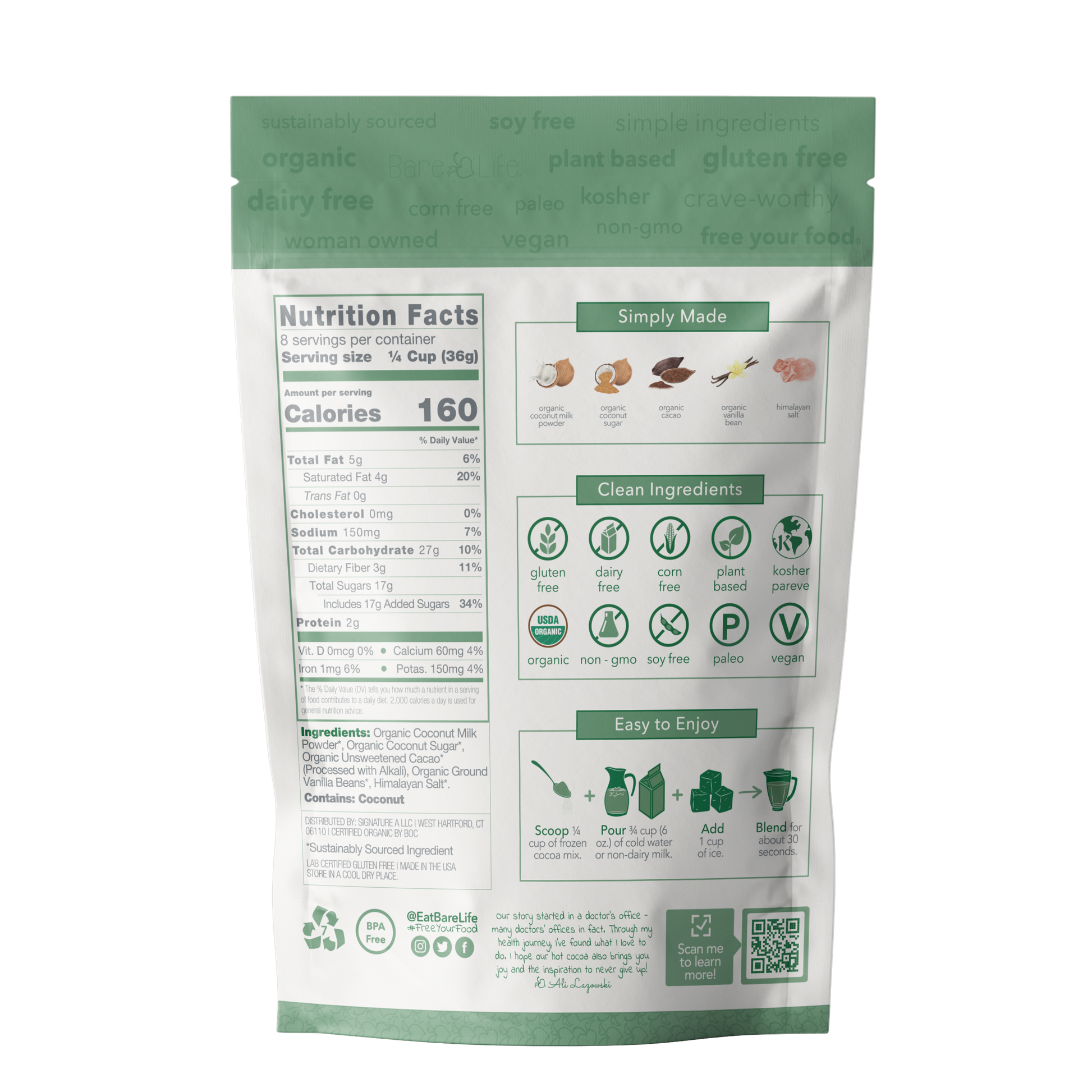 Dairy-free frozen hot cocoa mix by Bare Life in a cup, showcasing rich, creamy chocolate for a vegan, organic gourmet hot chocolate.