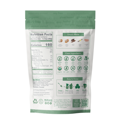 Dairy-free frozen hot cocoa mix by Bare Life in a cup, showcasing rich, creamy chocolate for a vegan, organic gourmet hot chocolate.