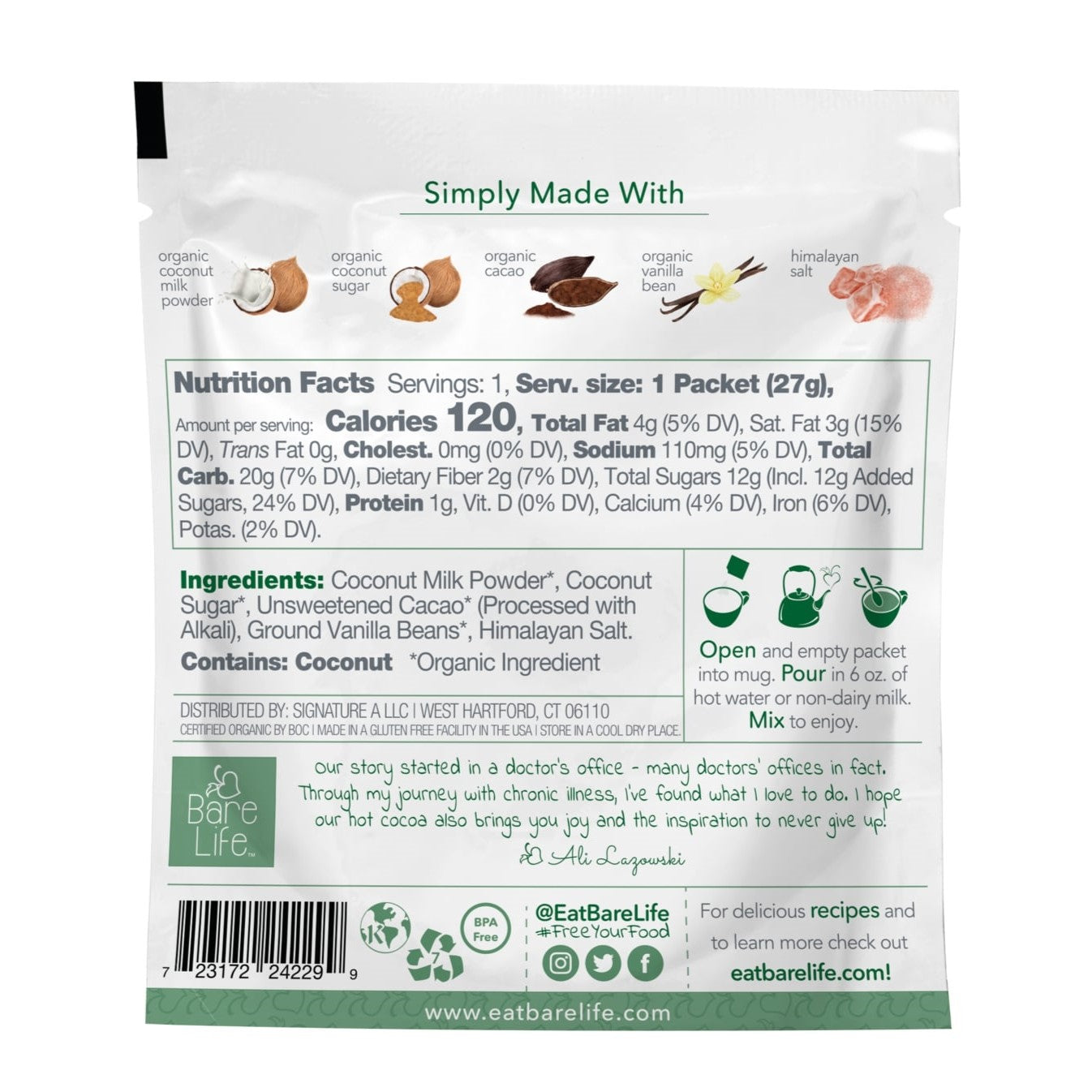 Bare Life dairy-free coconut hot cocoa mix single serving pack with packaging and branding visible.