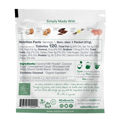 Bare Life dairy-free coconut hot cocoa mix single serving pack with packaging and branding visible.
