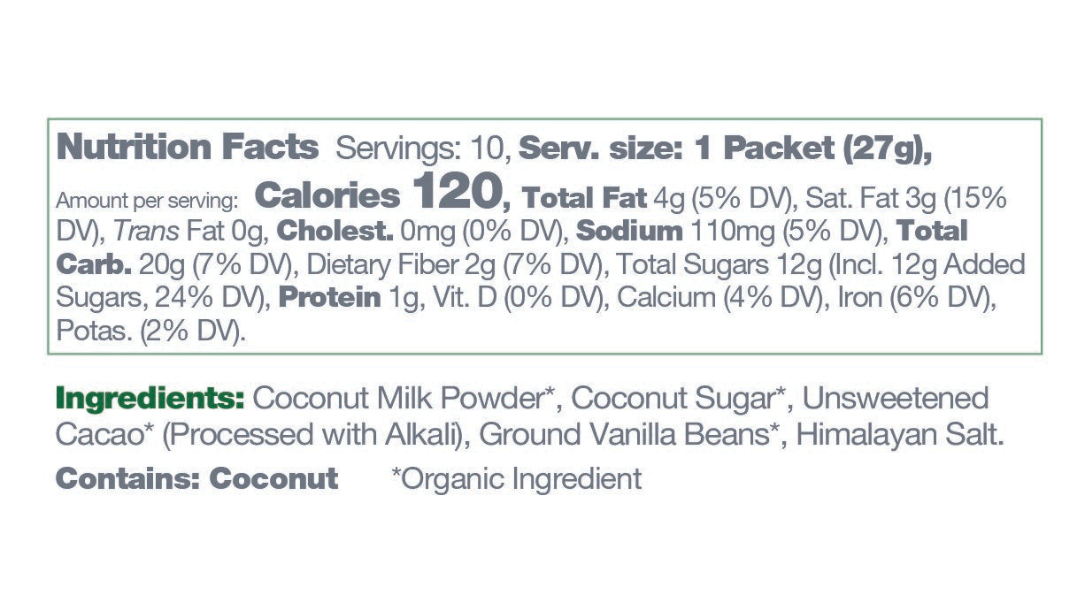 Bare Life dairy-free coconut hot cocoa mix 10-pack box with nutrition labels, ideal for single servings and dairy-free hot chocolate.