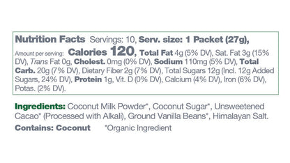 Bare Life dairy-free coconut hot cocoa mix 10-pack box with nutrition labels, ideal for single servings and dairy-free hot chocolate.