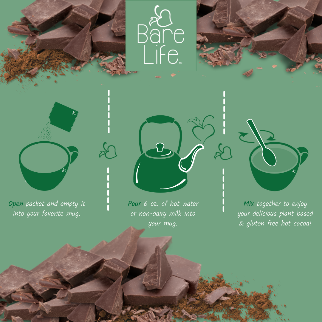 Bare Life dairy-free coconut hot cocoa mix packet with directions, single serving size, vegan hot chocolate powder.