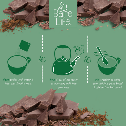 Bare Life dairy-free coconut hot cocoa mix packet with directions, single serving size, vegan hot chocolate powder.