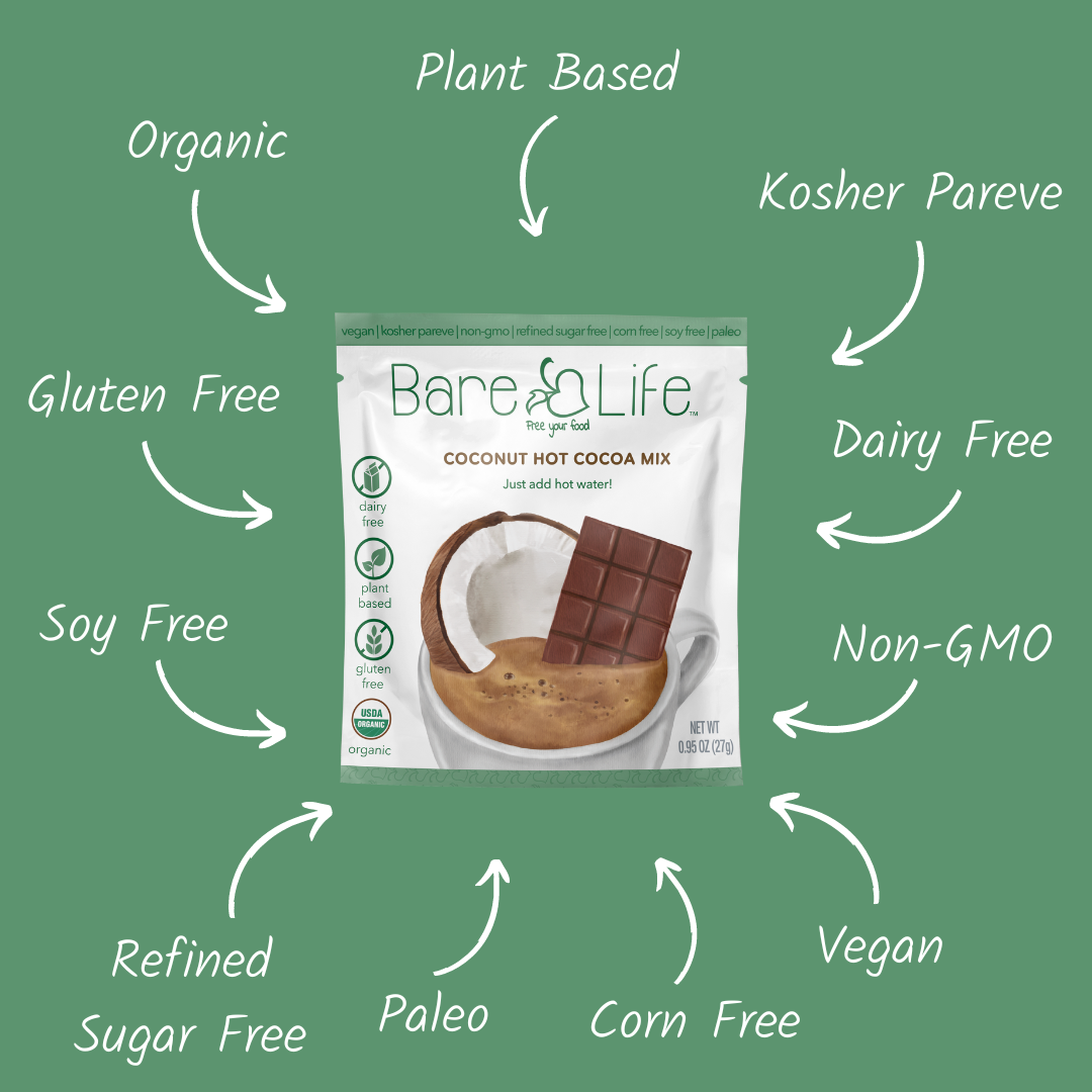 Bare Life dairy-free coconut hot cocoa mix packets, vegan organic gluten-free soy-free hot chocolate drink powder, 20-pack