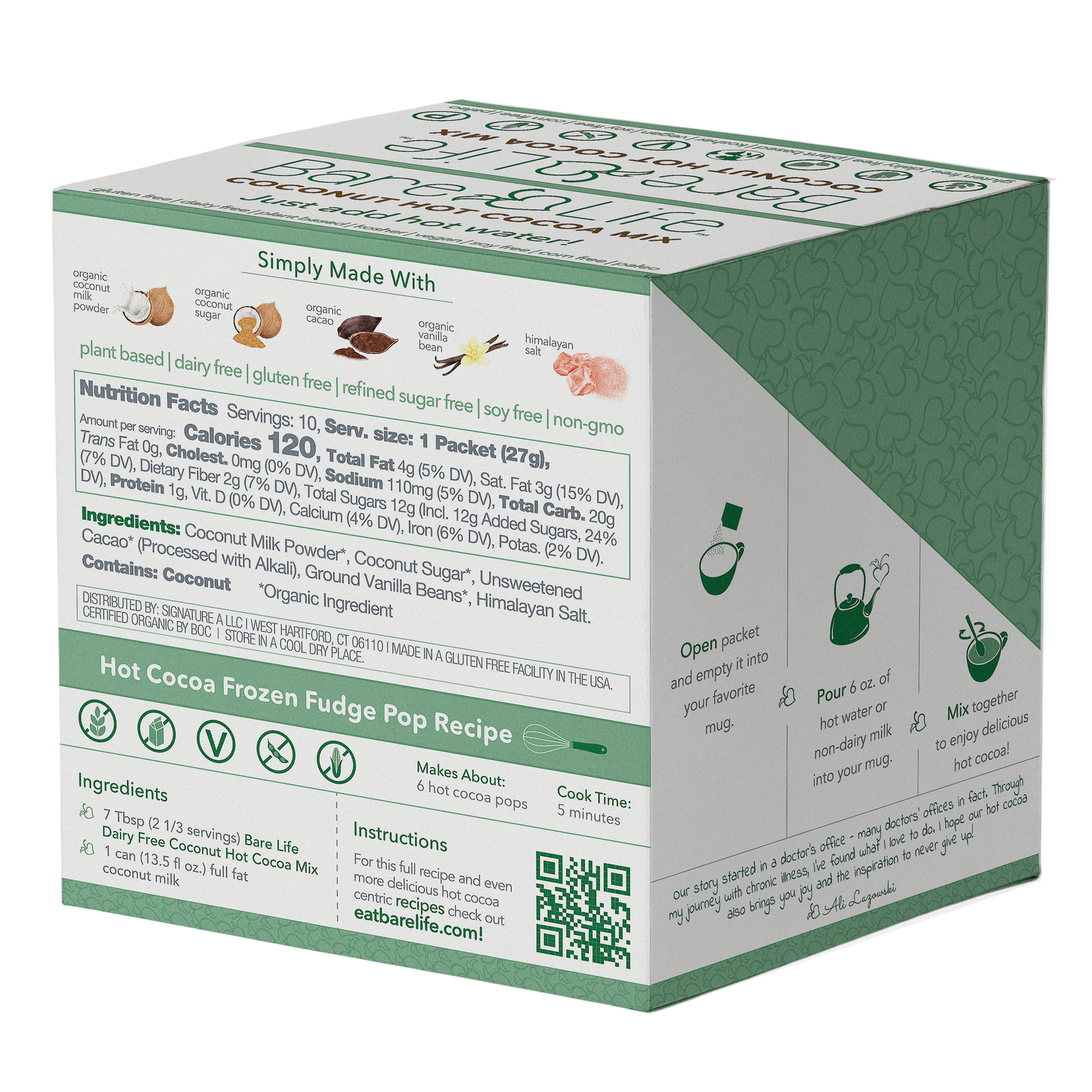 Bare Life dairy-free coconut hot cocoa mix box with 10 single-serving packets, featuring tropical coconut flavor and hot chocolate branding.