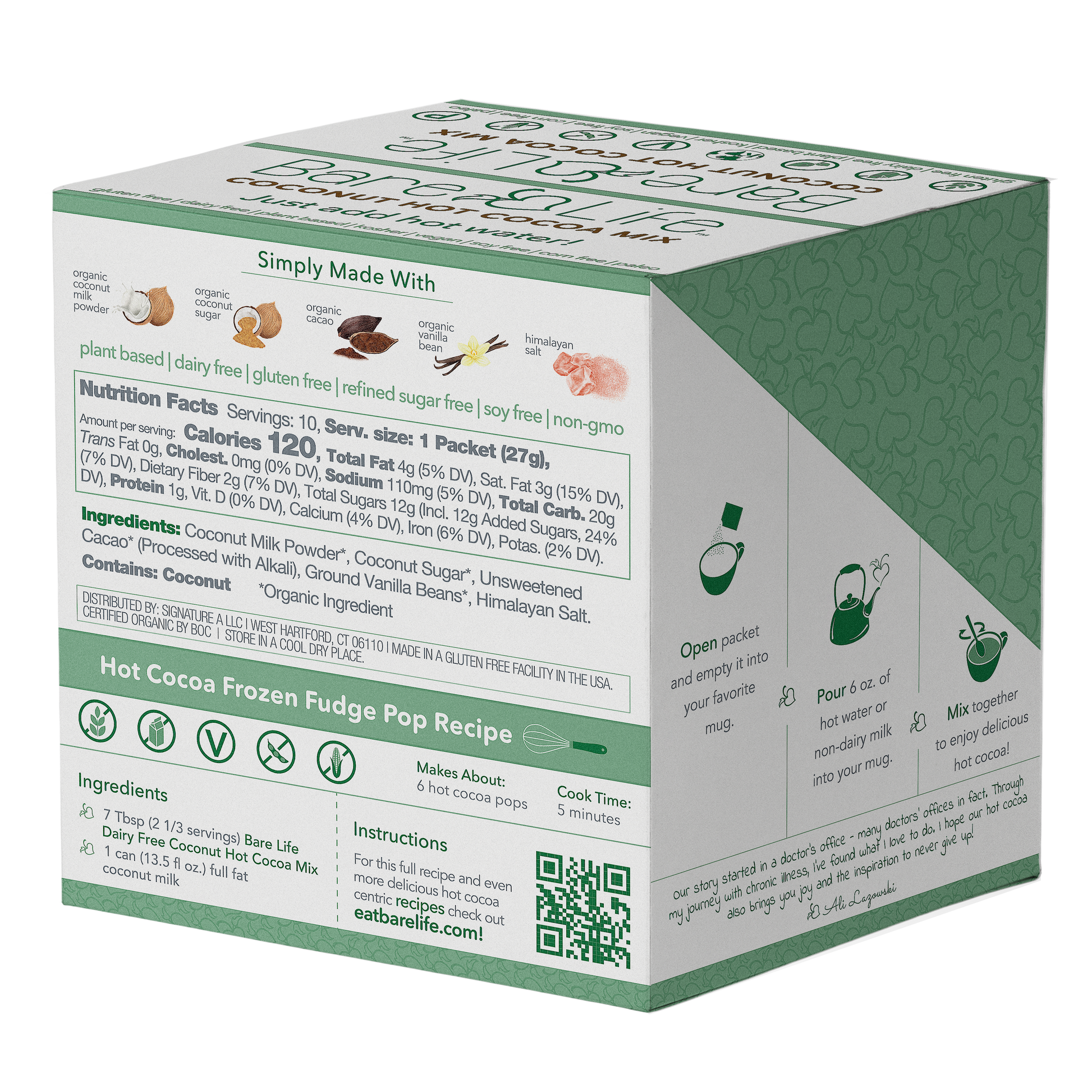 Bare Life dairy-free coconut hot cocoa mix box with 10 single-serving packets, featuring tropical coconut flavor and hot chocolate branding.